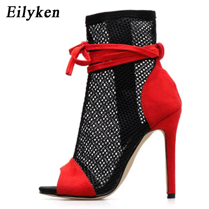 Eilyken Summer Zipper Boots Sandals Black Mesh Sexy Peep Toe Lace Up Women Shoes Stiletto High Heel 11.5CM Pole Dance Booties
