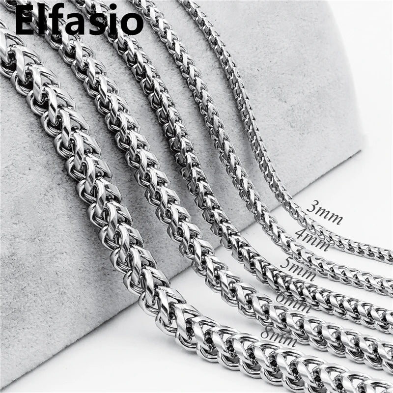Customized 3/4/5/6/8mm Width Mens Square Stainless Steel Wheat Link Necklace Chain Silver Color 16"~36"