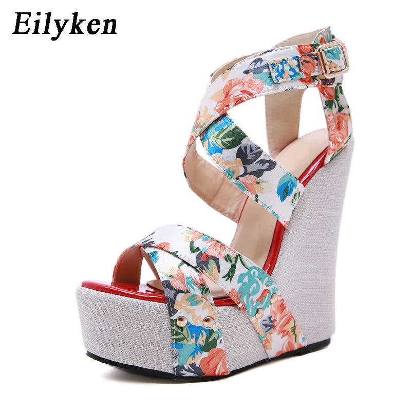 Eilyken Summer Fashion Peep Toe Solid Platform Wedges Sandals Women Designer Silk Print Flower Fabric High Heels Female Shoes