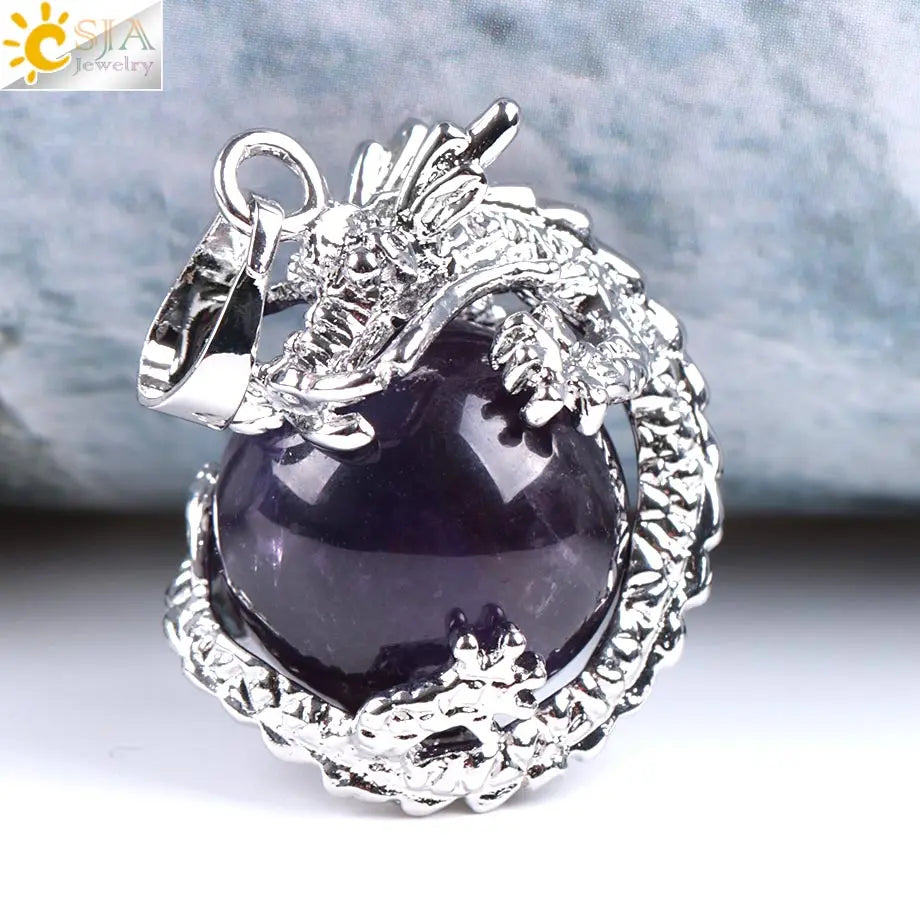 CSJA China Dragon Wrapped Unisex Jewelry Collection Natural Stone Ball Bead Pendant for DIY Handmade Necklaces Pink Crystal E852