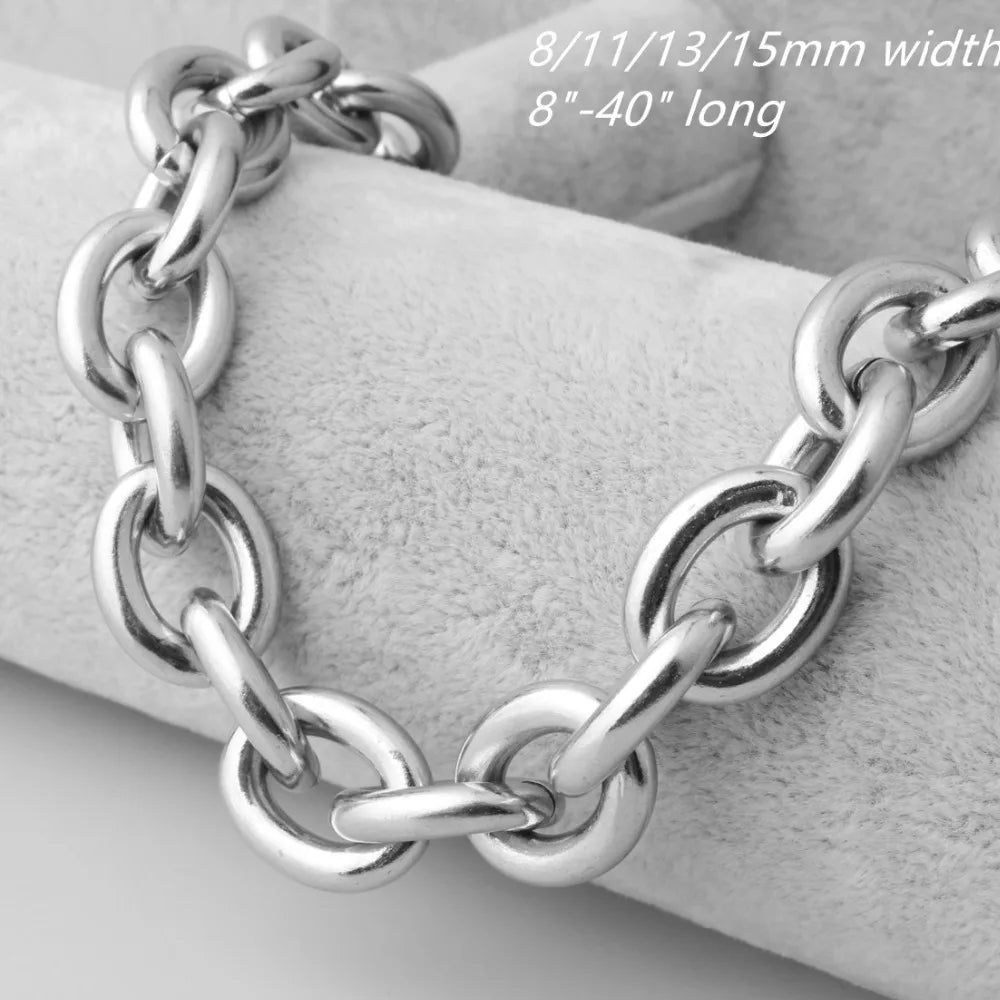 8"-40" 8/11/13/15mm Fashion Silver Color Womens Mens Stainless Steel Rolo Oval Link Chains Necklaces Jewellery
