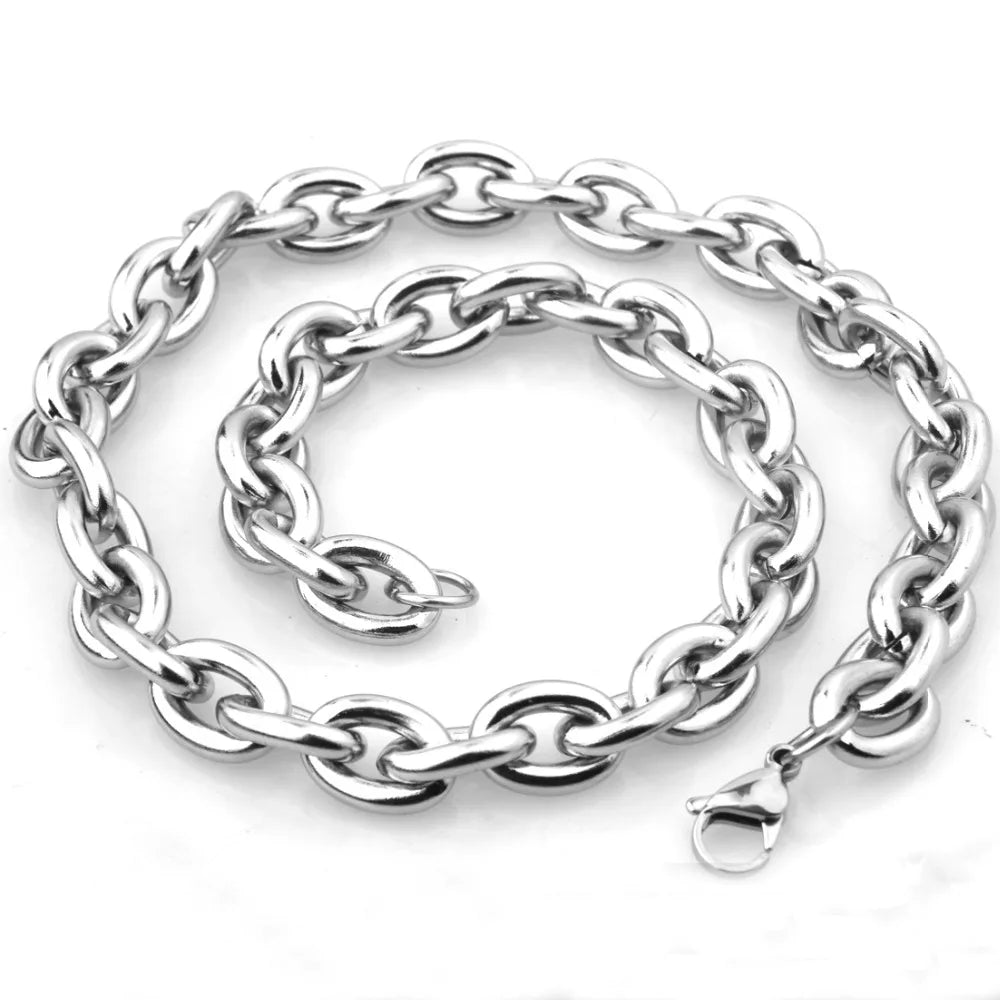8"-40" 8/11/13/15mm Fashion Silver Color Womens Mens Stainless Steel Rolo Oval Link Chains Necklaces Jewellery