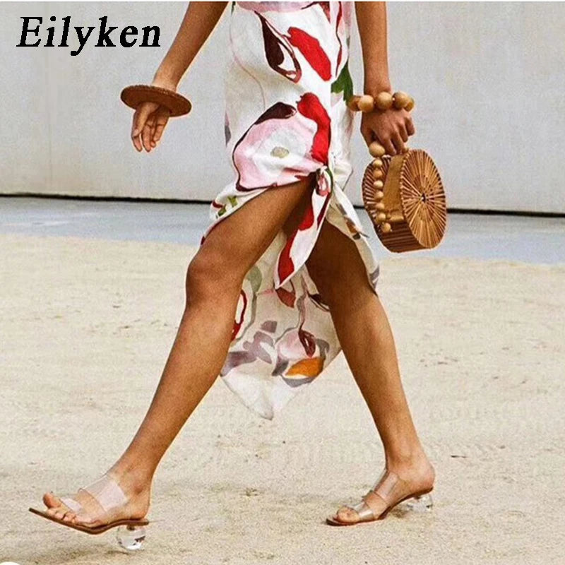 Eilyken Summer PVC Transparent Women Slipper Designer Crystal Heels Beach Sandals Square Toe Slides Shoes