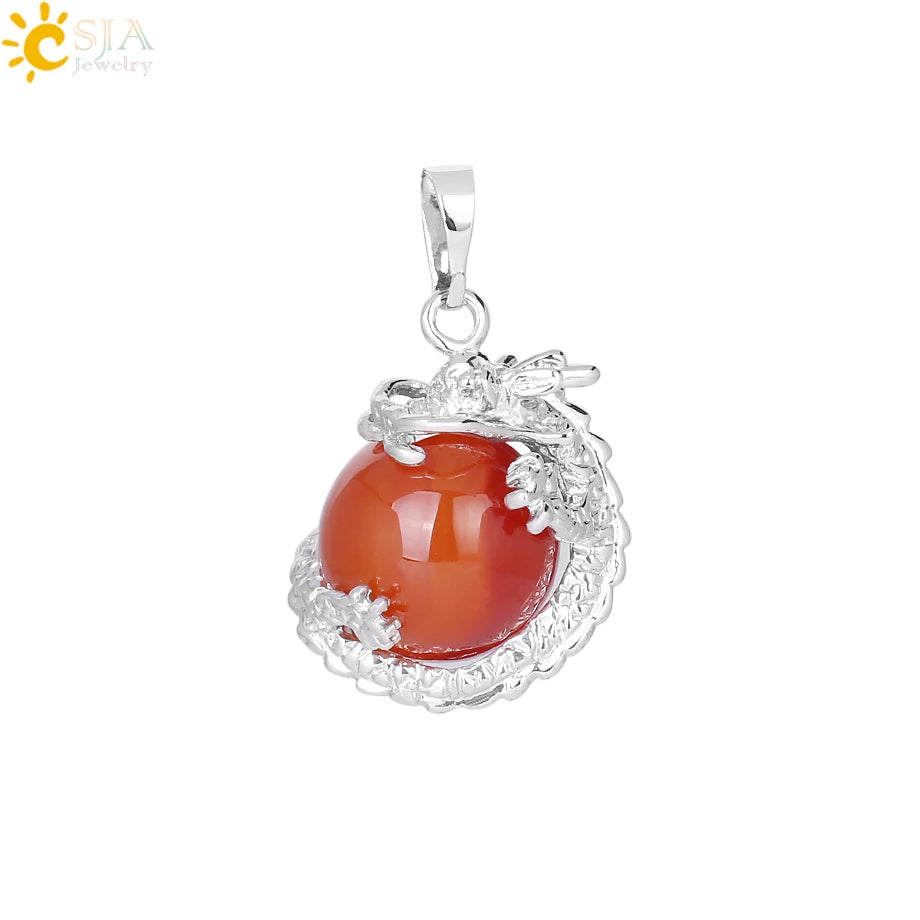 CSJA China Dragon Wrapped Unisex Jewelry Collection Natural Stone Ball Bead Pendant for DIY Handmade Necklaces Pink Crystal E852