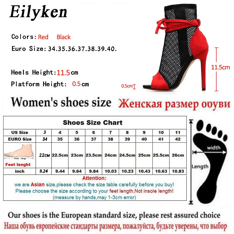 Eilyken Summer Zipper Boots Sandals Black Mesh Sexy Peep Toe Lace Up Women Shoes Stiletto High Heel 11.5CM Pole Dance Booties