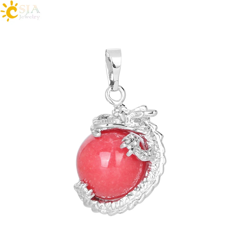 CSJA China Dragon Wrapped Unisex Jewelry Collection Natural Stone Ball Bead Pendant for DIY Handmade Necklaces Pink Crystal E852