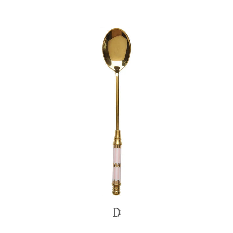 Stainless Steel Dessert Spoon Ceramic Long Handle Icecream Spoon Teaspoon Gold Coffee Cake Fruit Milk Spoon Kitchen Tableware