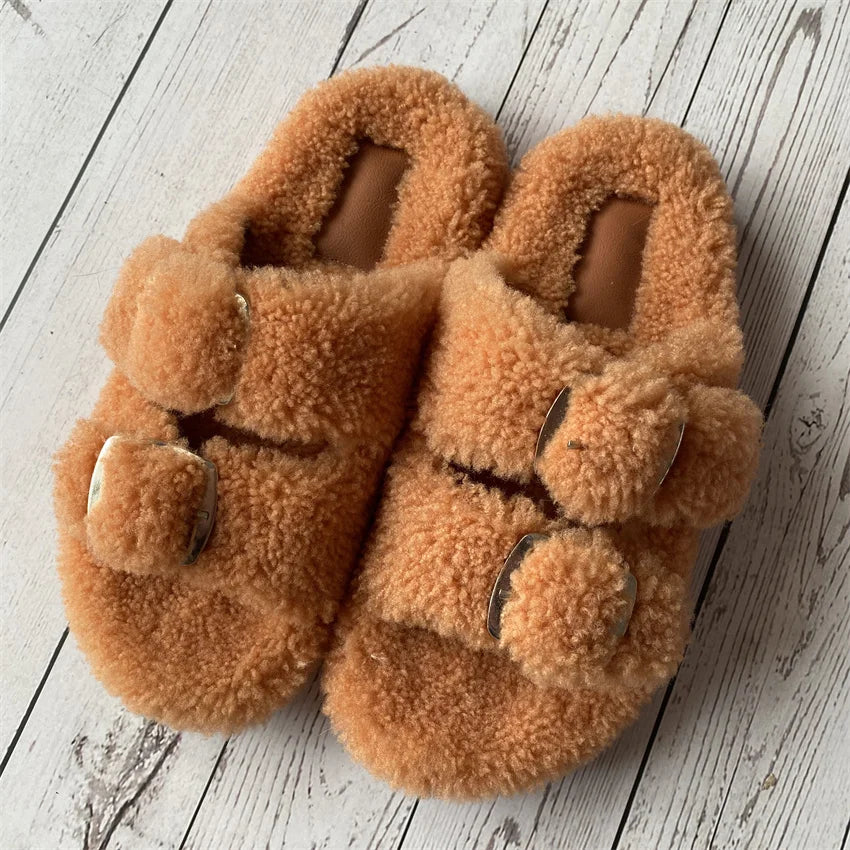 Cute Fluffy House Slippers For Woman Real Lamb Wool Slides Luxury Winter Warm Flip Flops Comfortable Plush Women's Mules Shoes