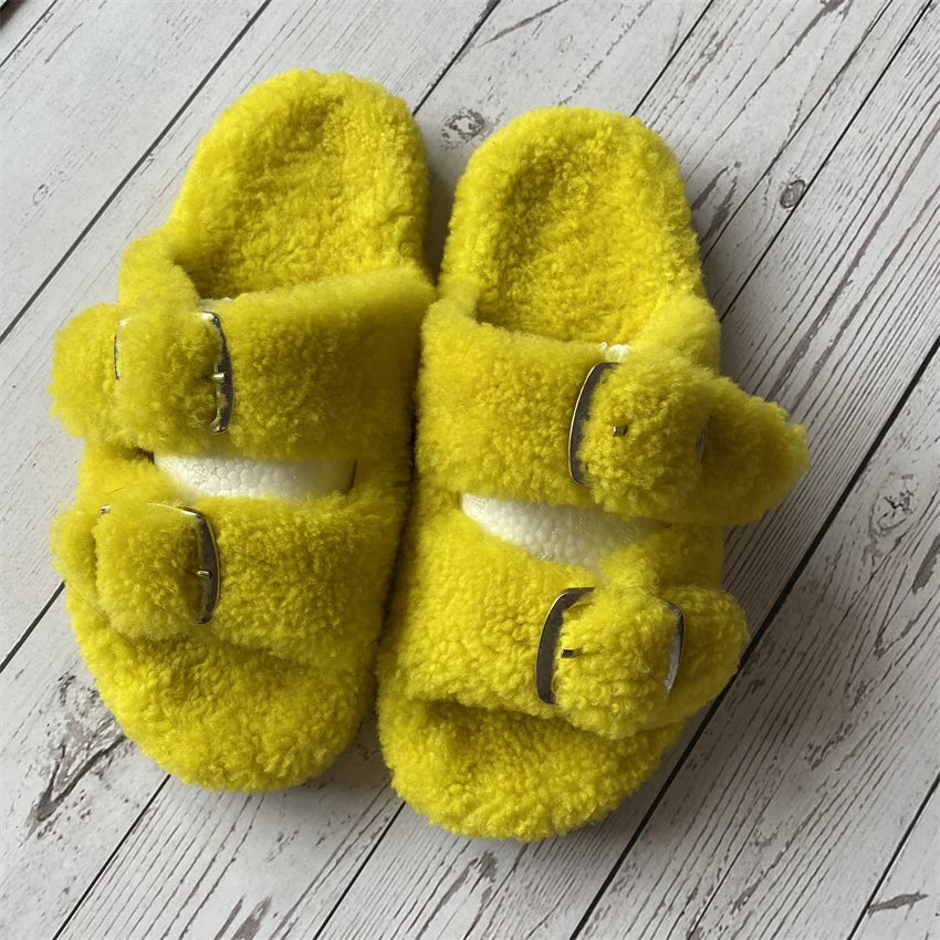 Cute Fluffy House Slippers For Woman Real Lamb Wool Slides Luxury Winter Warm Flip Flops Comfortable Plush Women's Mules Shoes