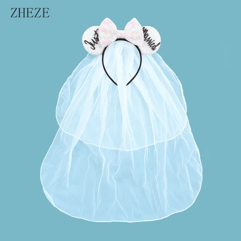 White Day Mouse Ears Headband With Veil Sequins 5"Bow Headwear For Women Festival Hairband Single Party DIY Hair Accessories
