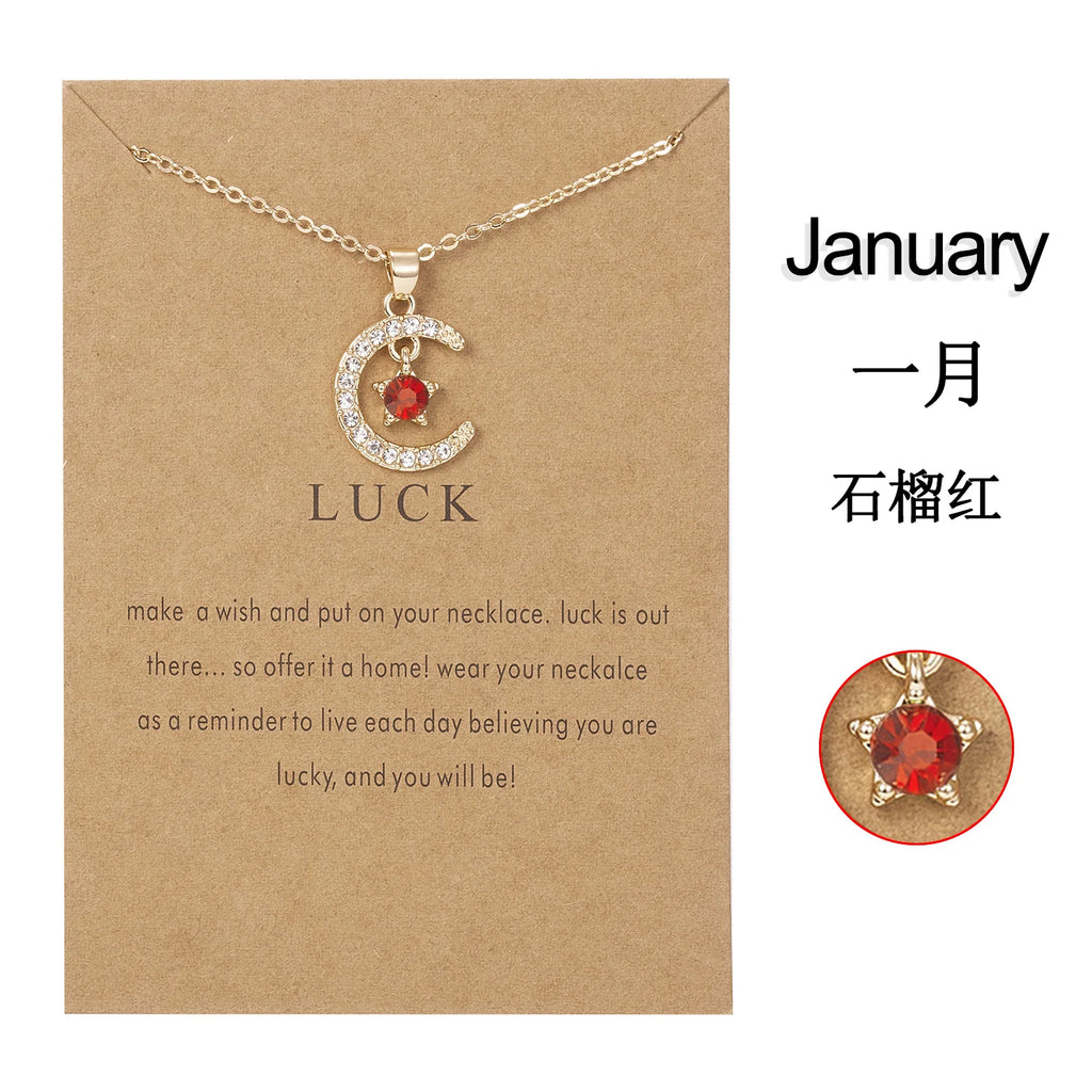 Fashion Personality Birthstone Moon Star Crystal Pendant Necklace for Women Clavicle Chain Choker Birthday Party Jewelry Gift