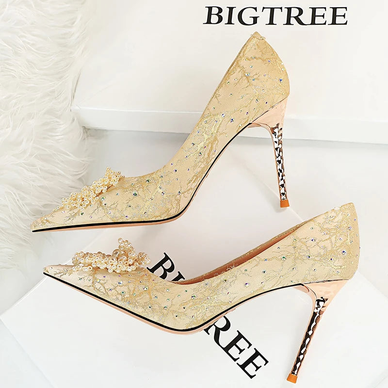 BIGTREE Shoes Pearl Flowers Woman Pumps Rhinestone High Heels 2026 New Luxurious Women Heels Stiletto Large Size Ladies Pumps
