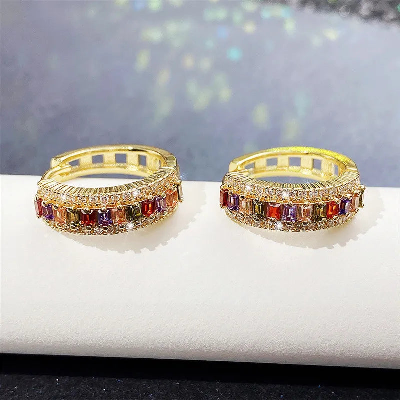 Huitan Gold Color Hoop Earrings for Women Luxury Inlaid Rainbow Cubic Zirconia Modern Fashion Ear Accessories Hot Jewelry