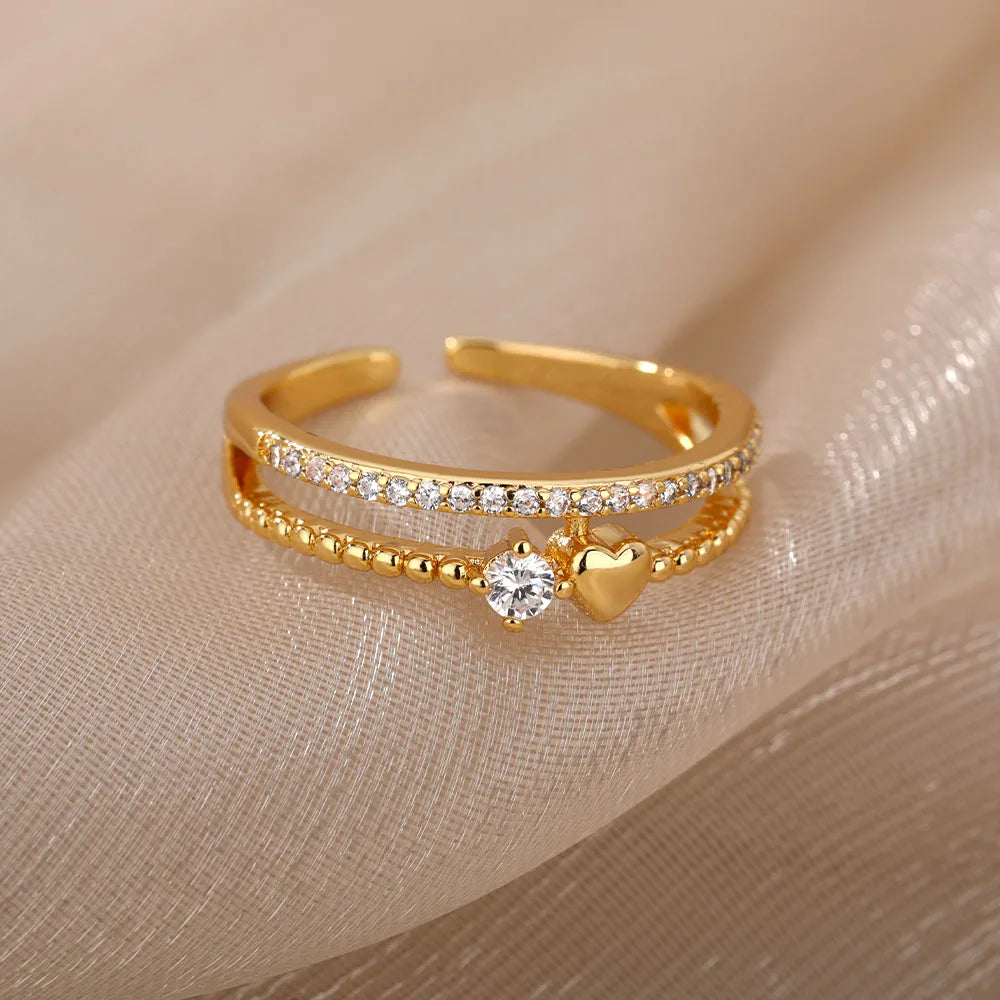 Double Layer Heart Zircon Rings For Women Stainless Steel Crystal Finger Ring 2026 Trend Wedding Jewelry Couple Gift anillos