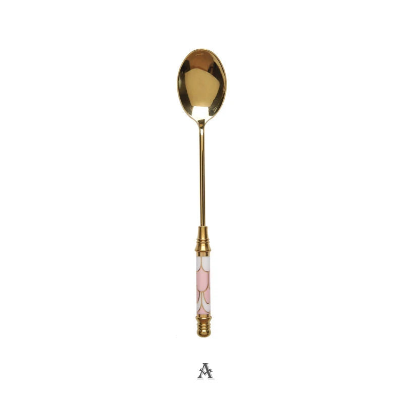 Stainless Steel Dessert Spoon Ceramic Long Handle Icecream Spoon Teaspoon Gold Coffee Cake Fruit Milk Spoon Kitchen Tableware