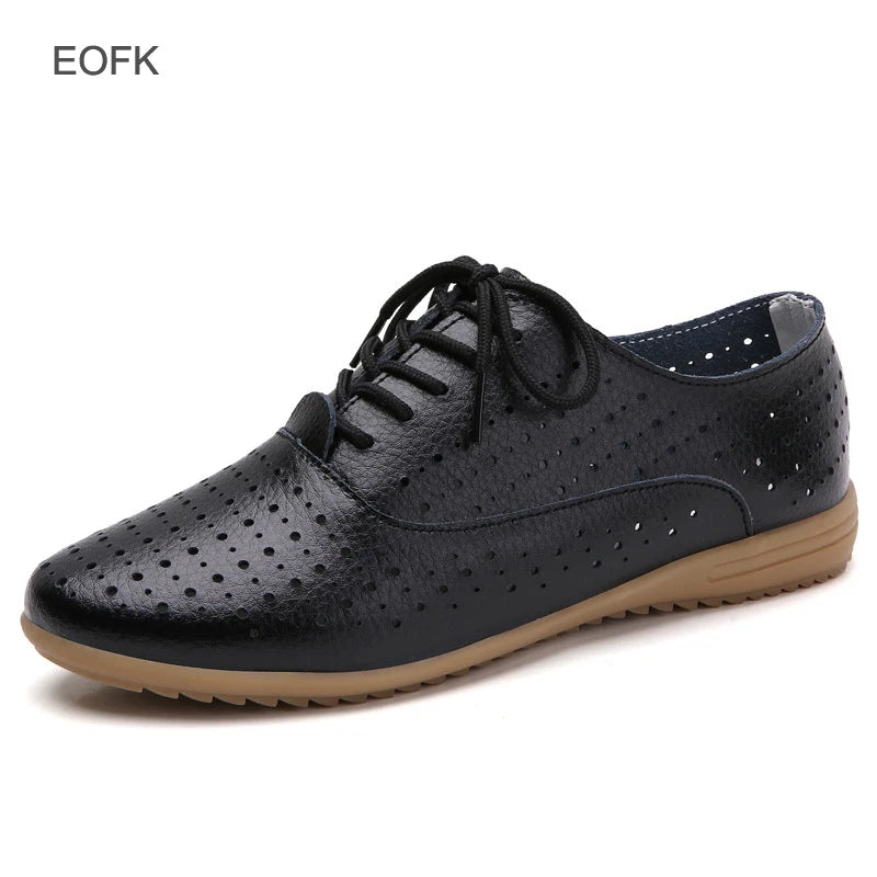 EOFK Spring Autumn Women Oxford Shoes Medical Casual Leather Ballet Flats Lace Up Soft Comfortable Ladies Derbys