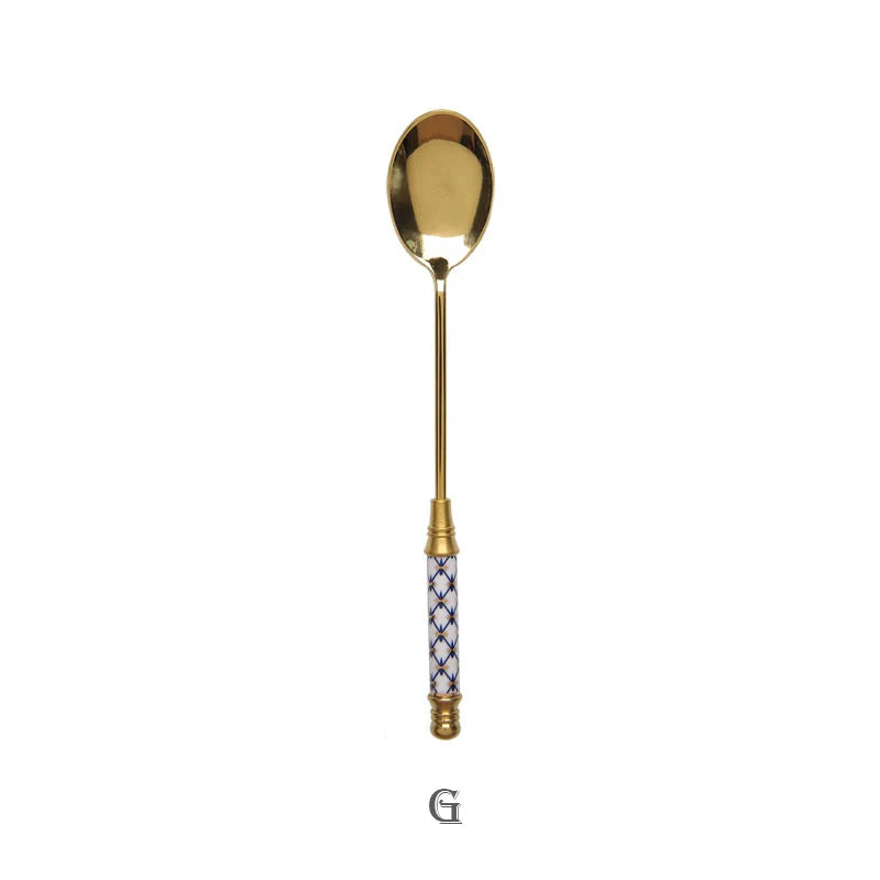Stainless Steel Dessert Spoon Ceramic Long Handle Icecream Spoon Teaspoon Gold Coffee Cake Fruit Milk Spoon Kitchen Tableware