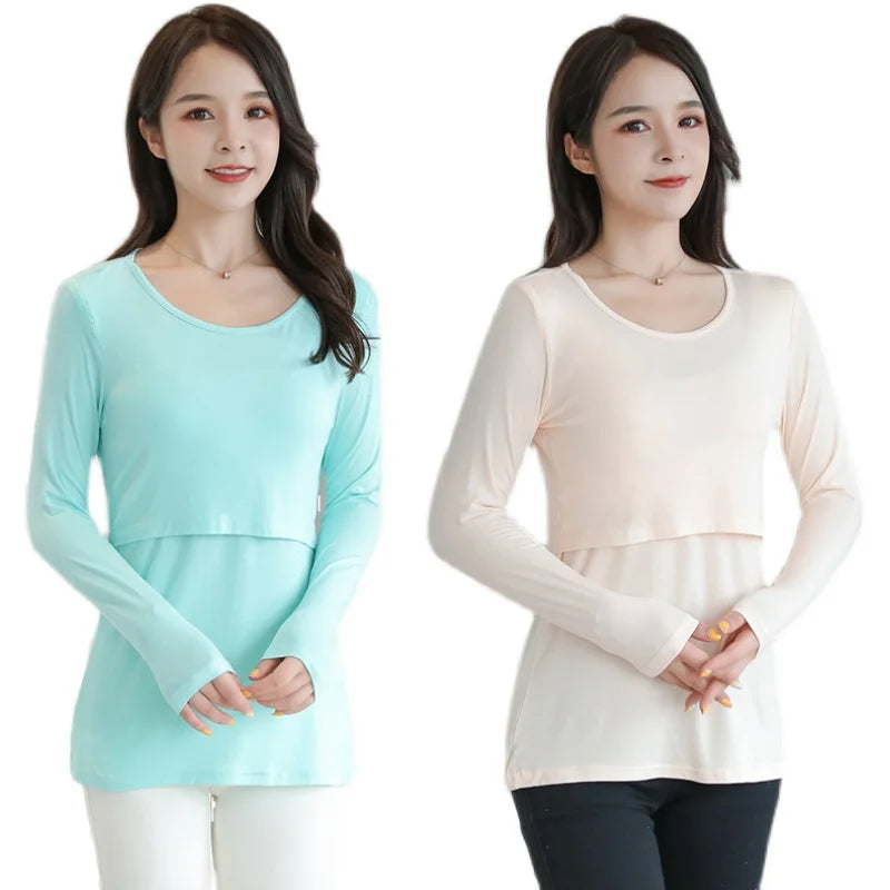 2025 Autumn Long Sleeve O-neck Postpartum Women Nursing T-shirt Maternity Breastfeeding Top Pregnancy Lactation Tees 7 Colors