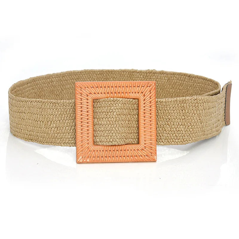 Hot Sale Vintage Boho Braided Waist Belt Summer Female Belt Round Square Leopard Wooden Buckle Fake Straw Wide Belts For Women