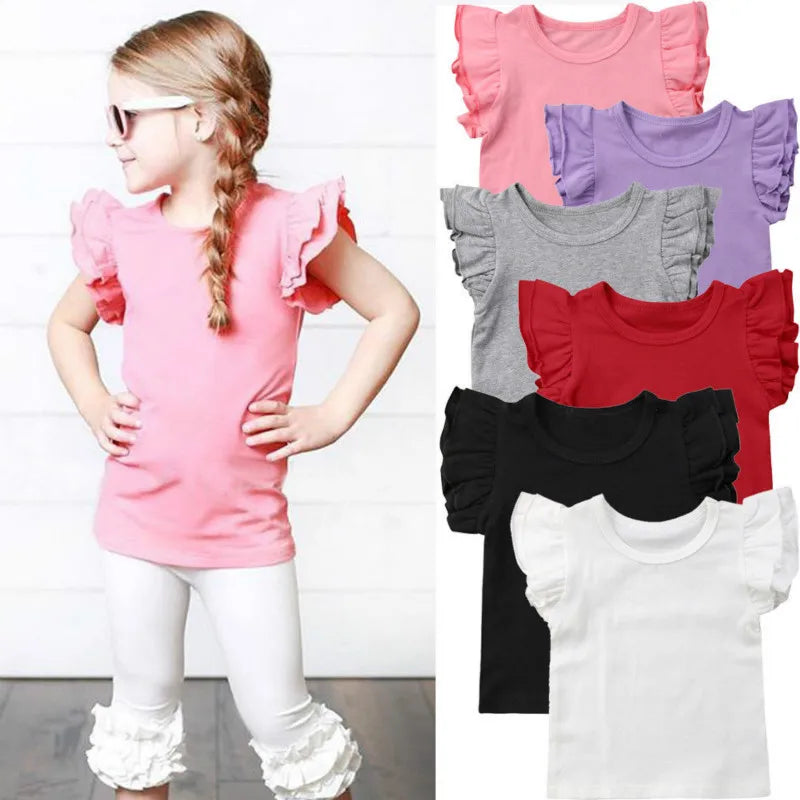 0-6Years Kids T-shirt Baby Girls Ruffle Short Sleeve Shirts Summer Solid Casual Chidren Blouse Tops Kids Clothes Outfits