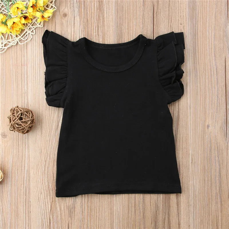 1-6Years Infant Girls T-Shirt Cotton Flying Sleeves T-Shirt For Girls Summer Solid Black White Pink Red Tee Tops