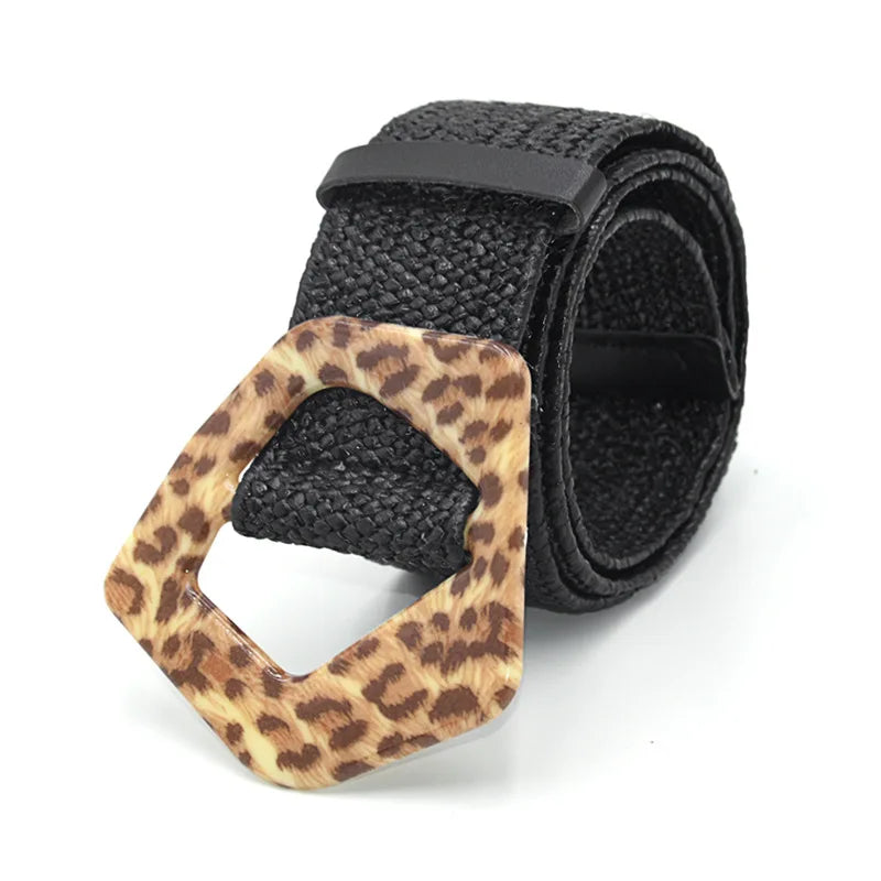 Hot Sale Vintage Boho Braided Waist Belt Summer Female Belt Round Square Leopard Wooden Buckle Fake Straw Wide Belts For Women