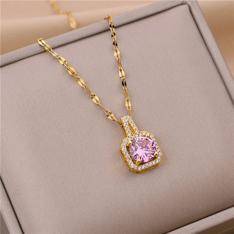 Korean Style Fashion Square Zircon Stainless Steel Necklaces For Women Luxury Elegant Female Clavicle Chain Jewelry Wholesale