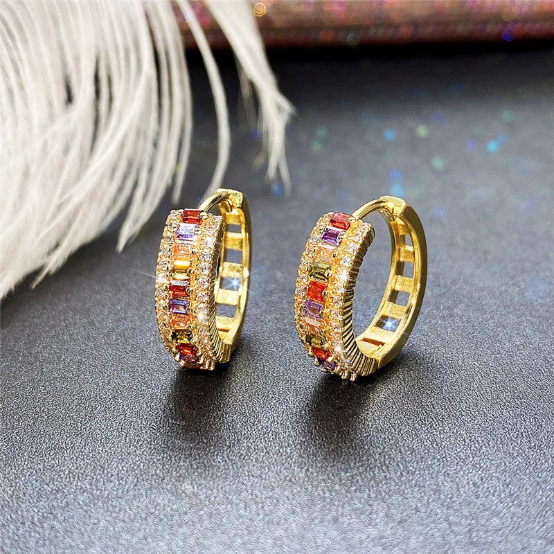 Huitan Gold Color Hoop Earrings for Women Luxury Inlaid Rainbow Cubic Zirconia Modern Fashion Ear Accessories Hot Jewelry