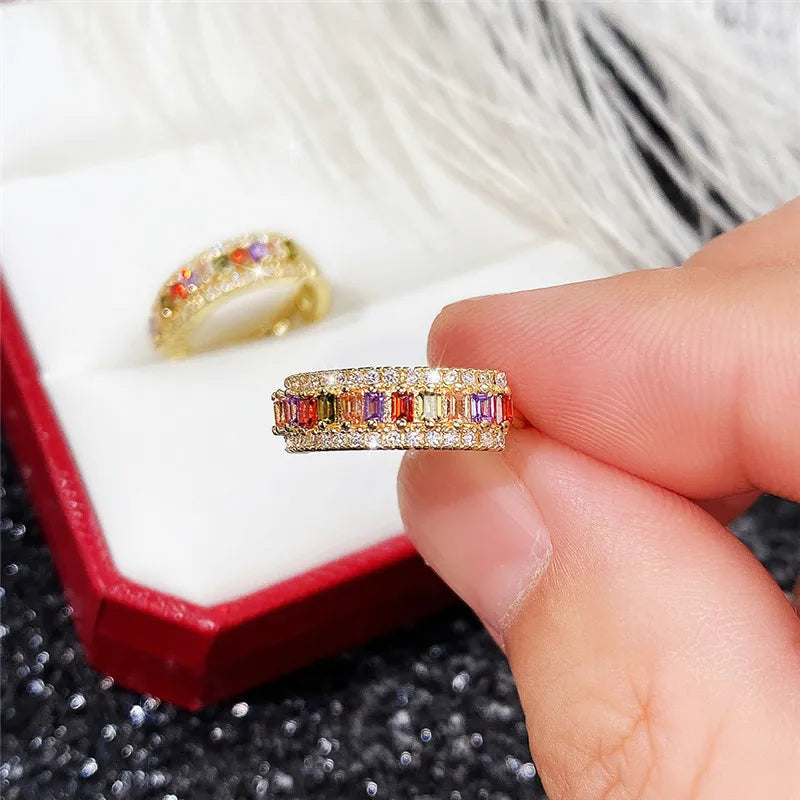 Huitan Gold Color Hoop Earrings for Women Luxury Inlaid Rainbow Cubic Zirconia Modern Fashion Ear Accessories Hot Jewelry