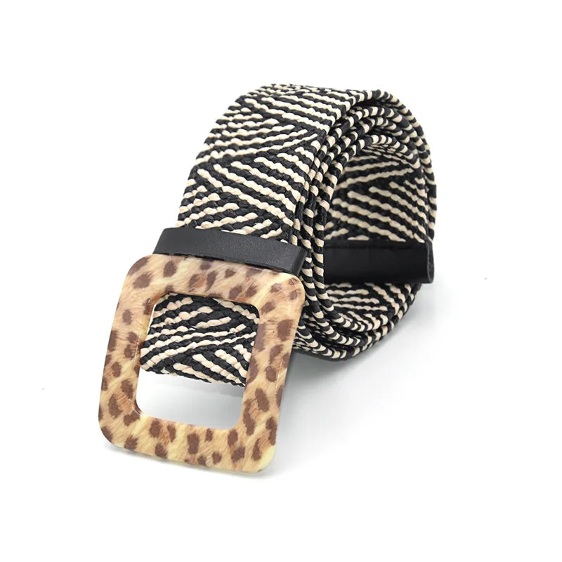Hot Sale Vintage Boho Braided Waist Belt Summer Female Belt Round Square Leopard Wooden Buckle Fake Straw Wide Belts For Women