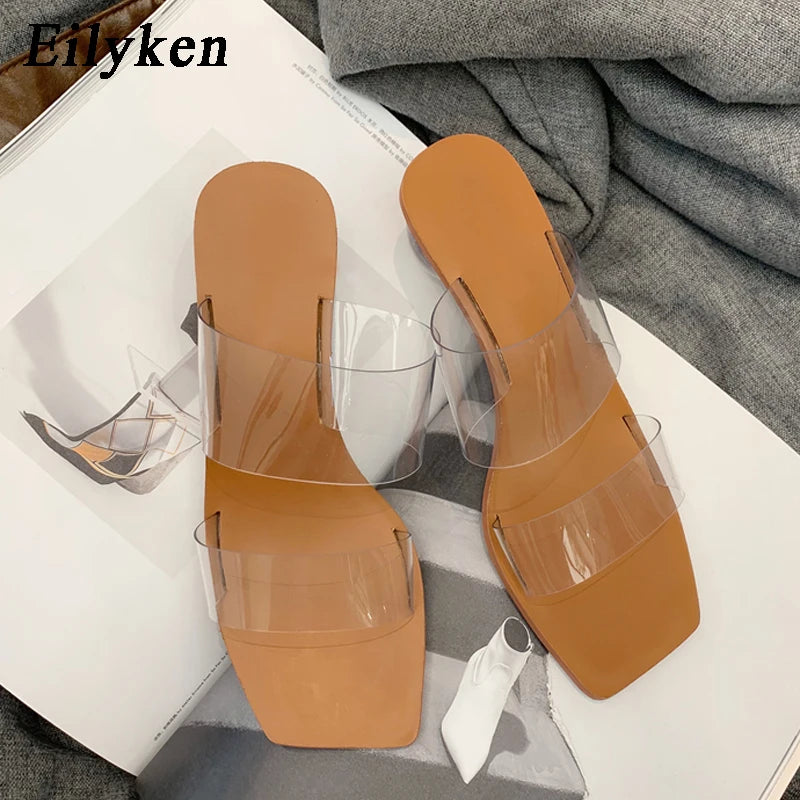 Eilyken Summer PVC Transparent Women Slipper Designer Crystal Heels Beach Sandals Square Toe Slides Shoes