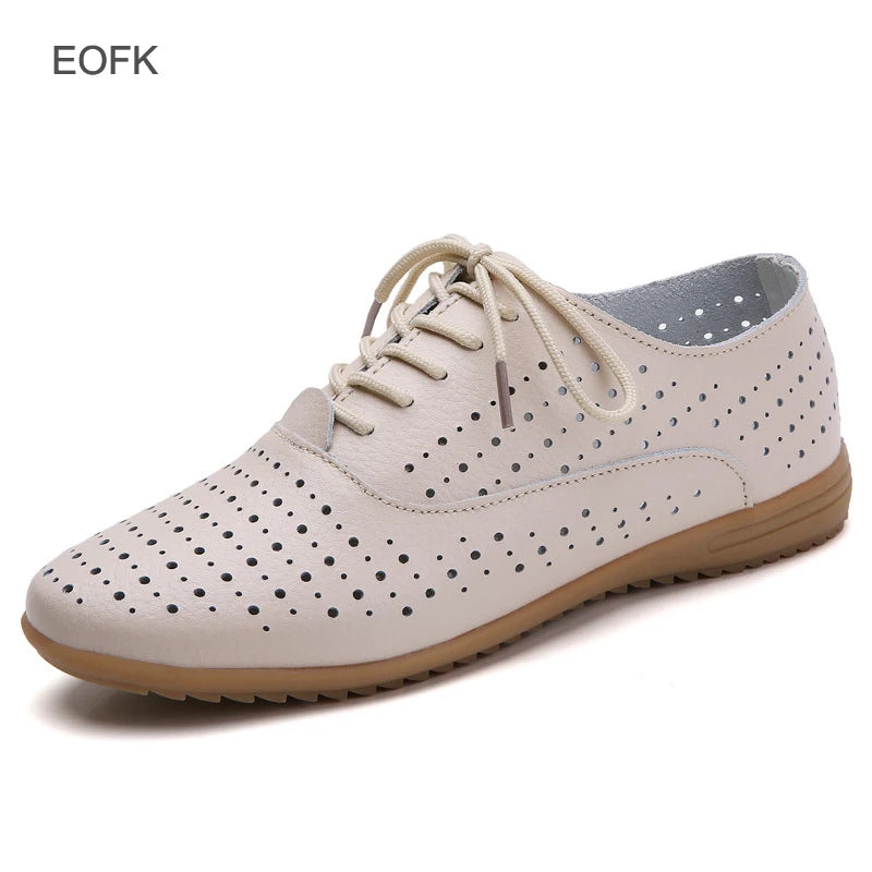 EOFK Spring Autumn Women Oxford Shoes Medical Casual Leather Ballet Flats Lace Up Soft Comfortable Ladies Derbys