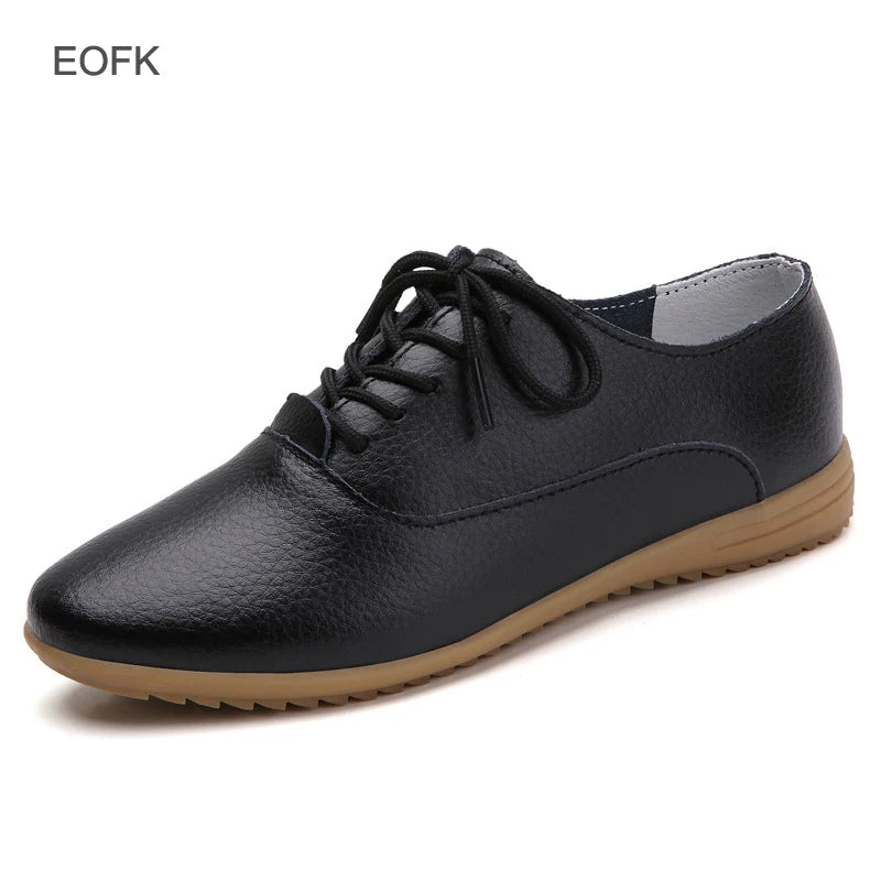 EOFK Spring Autumn Women Oxford Shoes Medical Casual Leather Ballet Flats Lace Up Soft Comfortable Ladies Derbys