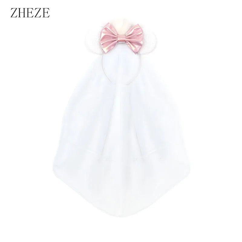 White Day Mouse Ears Headband With Veil Sequins 5"Bow Headwear For Women Festival Hairband Single Party DIY Hair Accessories