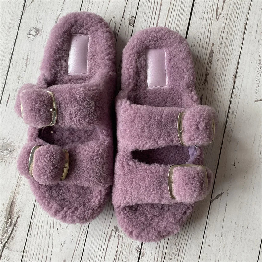 Cute Fluffy House Slippers For Woman Real Lamb Wool Slides Luxury Winter Warm Flip Flops Comfortable Plush Women's Mules Shoes