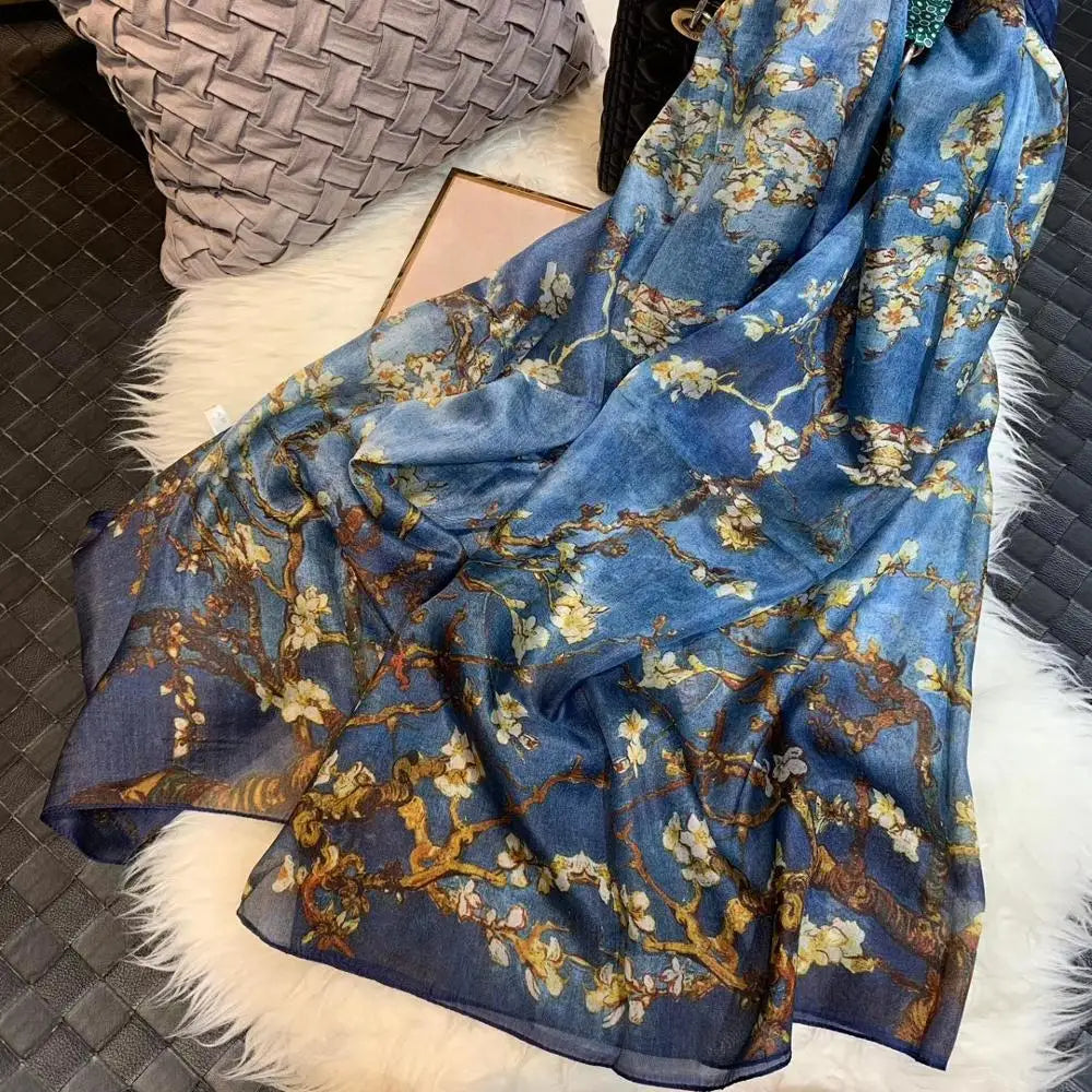 BYSIFA| Ultralarge Blue White 100% Mulberry Silk Scarf Beach Wrap Brand Female Long Scarves New Paisley Design Silk Scarf Shawl