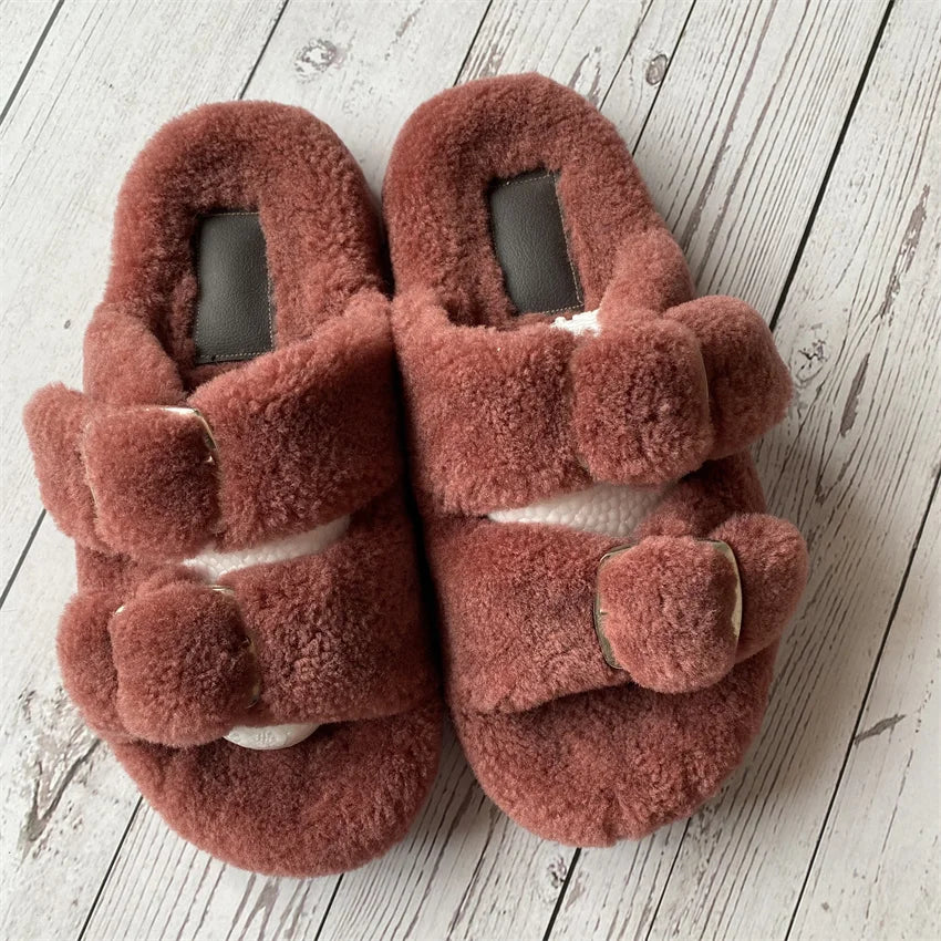 Cute Fluffy House Slippers For Woman Real Lamb Wool Slides Luxury Winter Warm Flip Flops Comfortable Plush Women's Mules Shoes