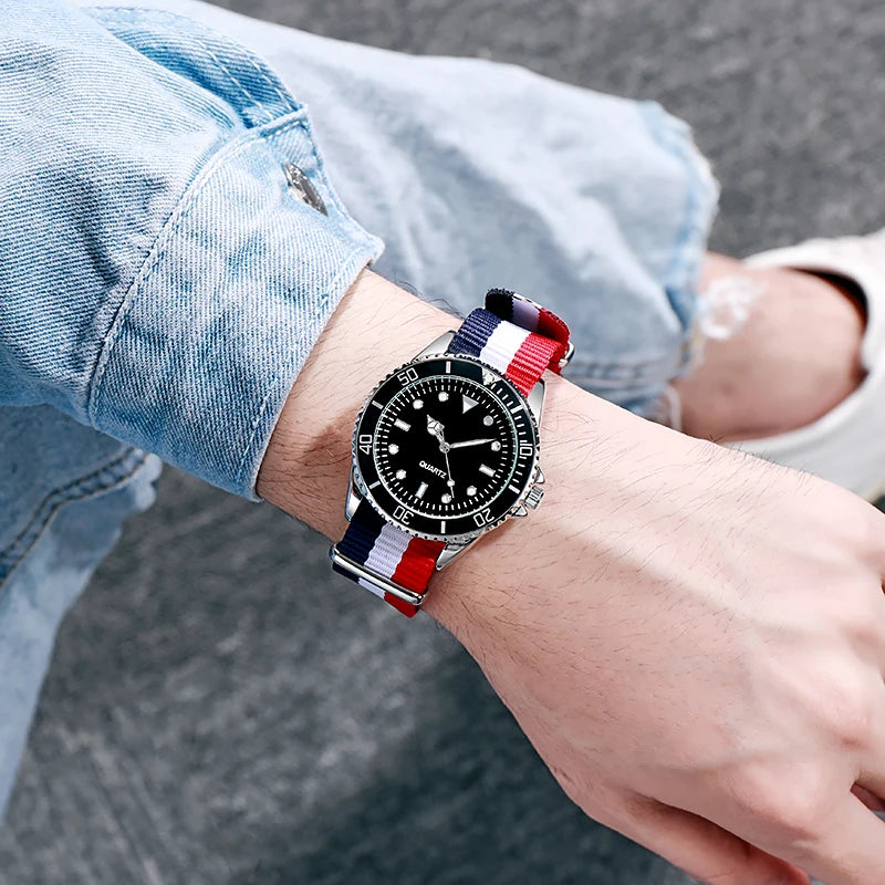 Diver Style Watch Japan Movement Rotating Bezel Fabric Strap 40mm Dial