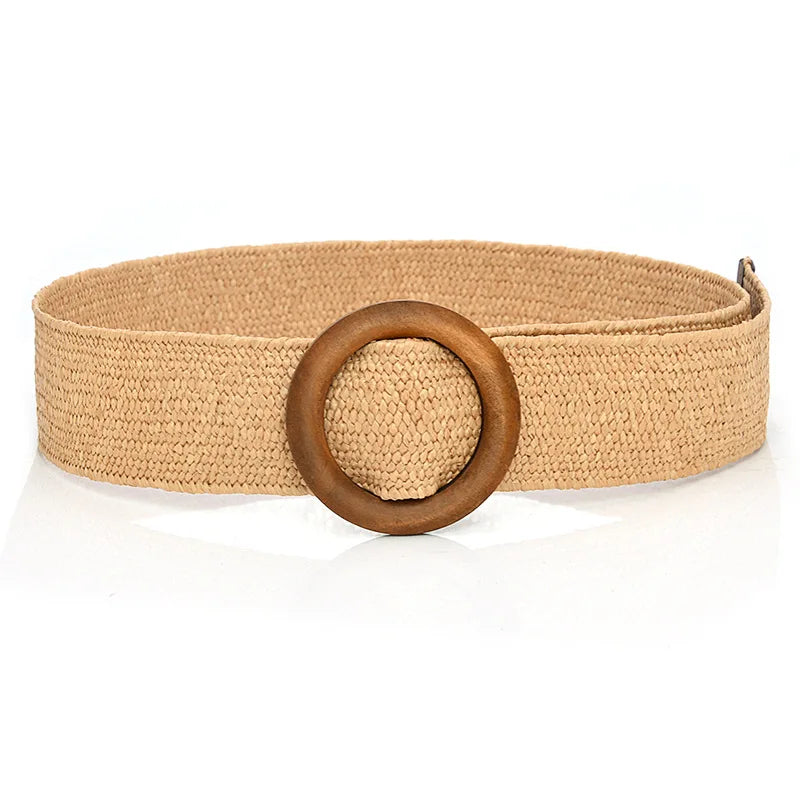 Hot Sale Vintage Boho Braided Waist Belt Summer Female Belt Round Square Leopard Wooden Buckle Fake Straw Wide Belts For Women