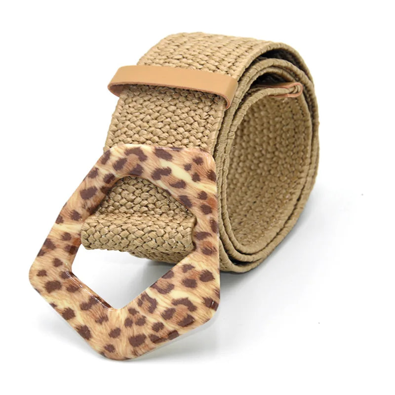 Hot Sale Vintage Boho Braided Waist Belt Summer Female Belt Round Square Leopard Wooden Buckle Fake Straw Wide Belts For Women