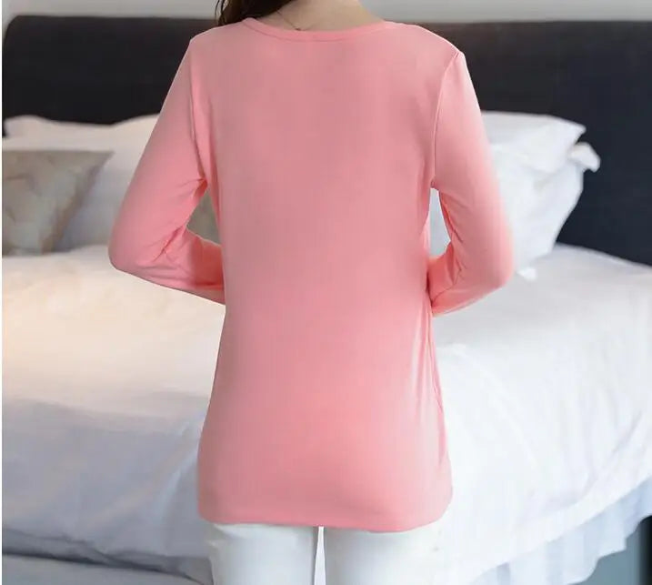 2025 Autumn Long Sleeve O-neck Postpartum Women Nursing T-shirt Maternity Breastfeeding Top Pregnancy Lactation Tees 7 Colors
