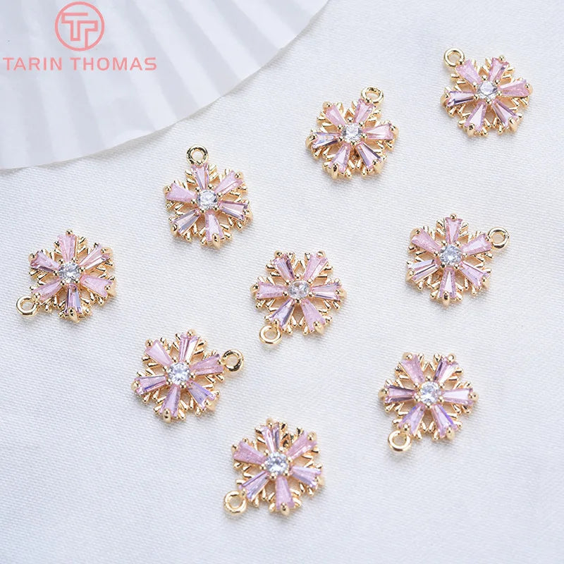 (913)4PCS 13x10MM 24K Gold Color Brass with Zircon Snowflake Charms Pendants Brass With High Quality Diy  Findings Accessories