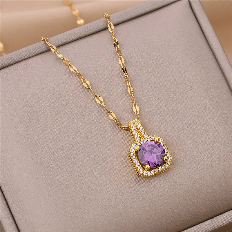 Korean Style Fashion Square Zircon Stainless Steel Necklaces For Women Luxury Elegant Female Clavicle Chain Jewelry Wholesale
