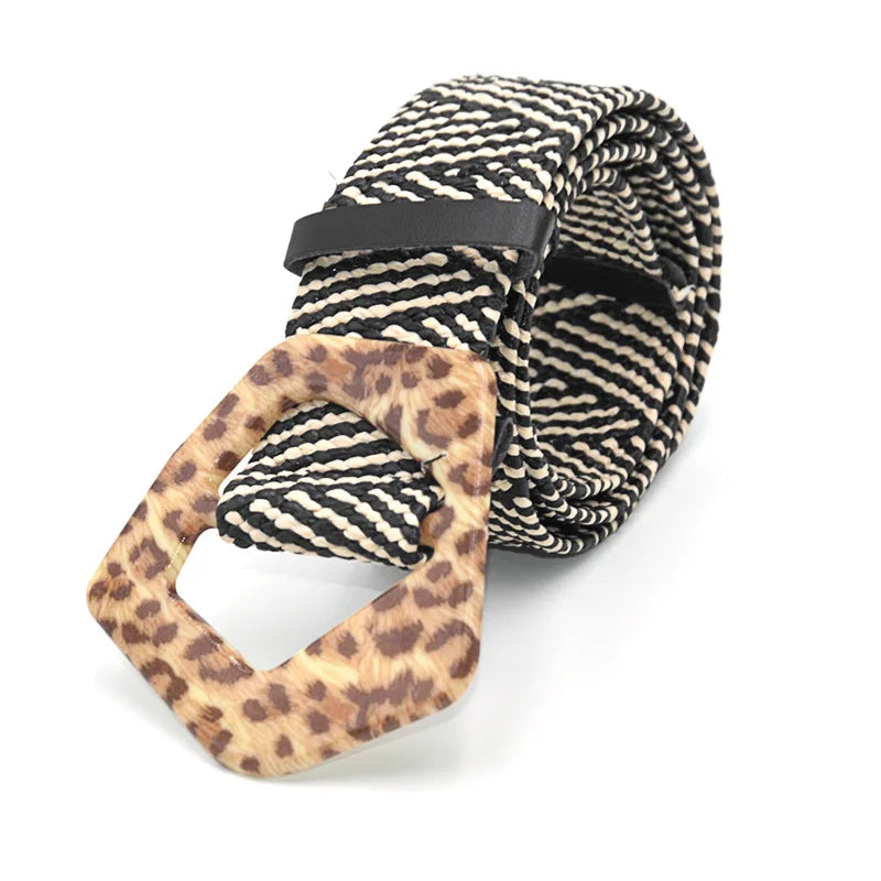 Hot Sale Vintage Boho Braided Waist Belt Summer Female Belt Round Square Leopard Wooden Buckle Fake Straw Wide Belts For Women