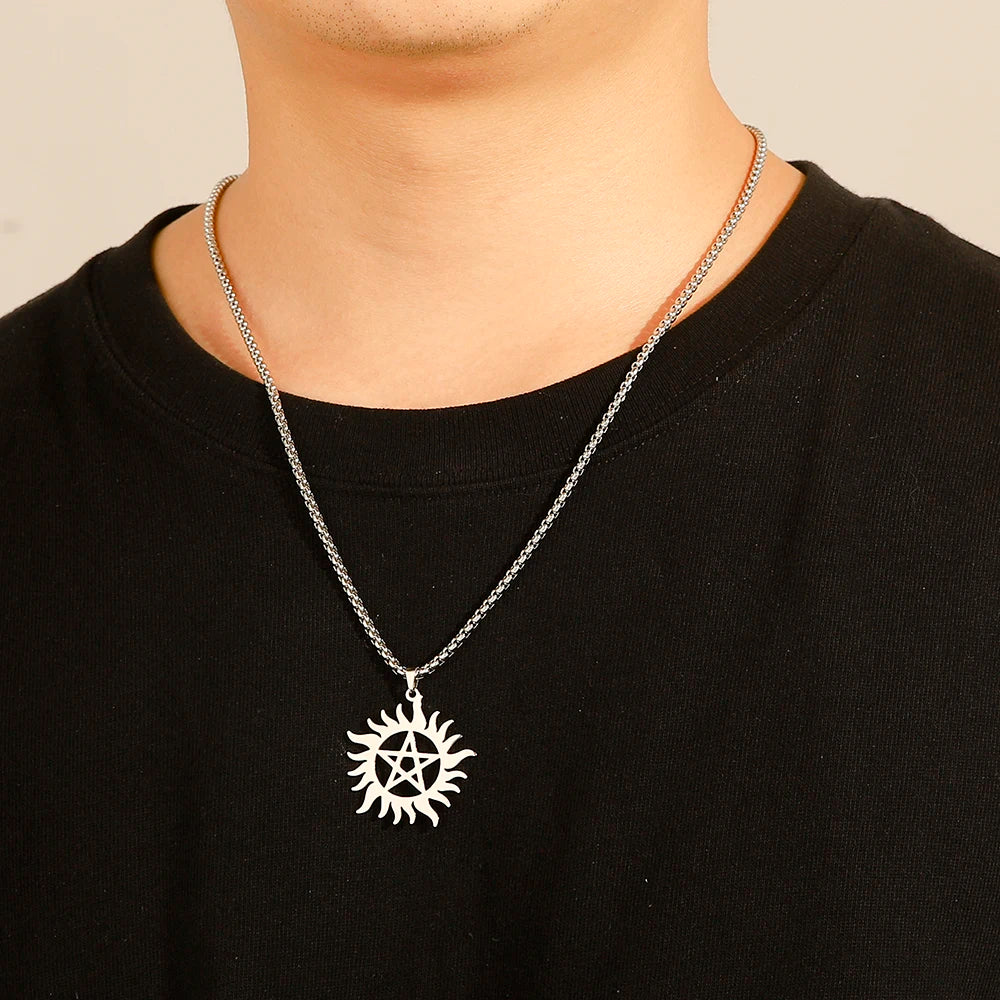 Skyrim Stainless Steel Shining Sun Pentagram Pendant Necklace Supernatural Dean Statement Box Chain Necklaces Couple Women Men