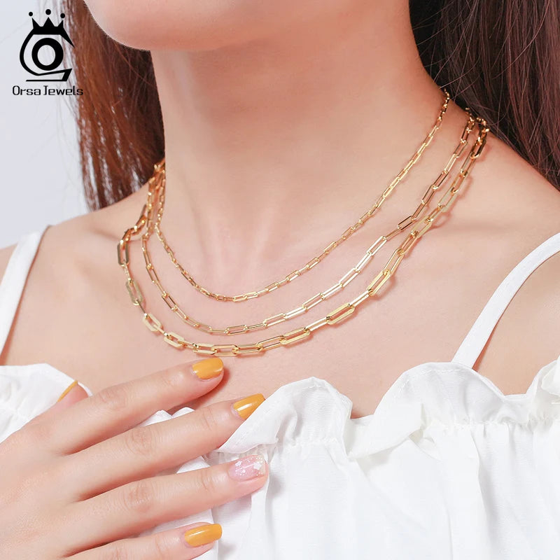 ORSA JEWELS 14K Gold Plated Genuine 925 Sterling Silver Paperclip Neck Chain 6/9.3/12mm Link Necklace for Women Men Jewelry SC39