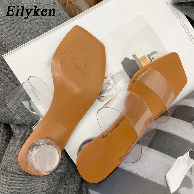 Eilyken Summer PVC Transparent Women Slipper Designer Crystal Heels Beach Sandals Square Toe Slides Shoes
