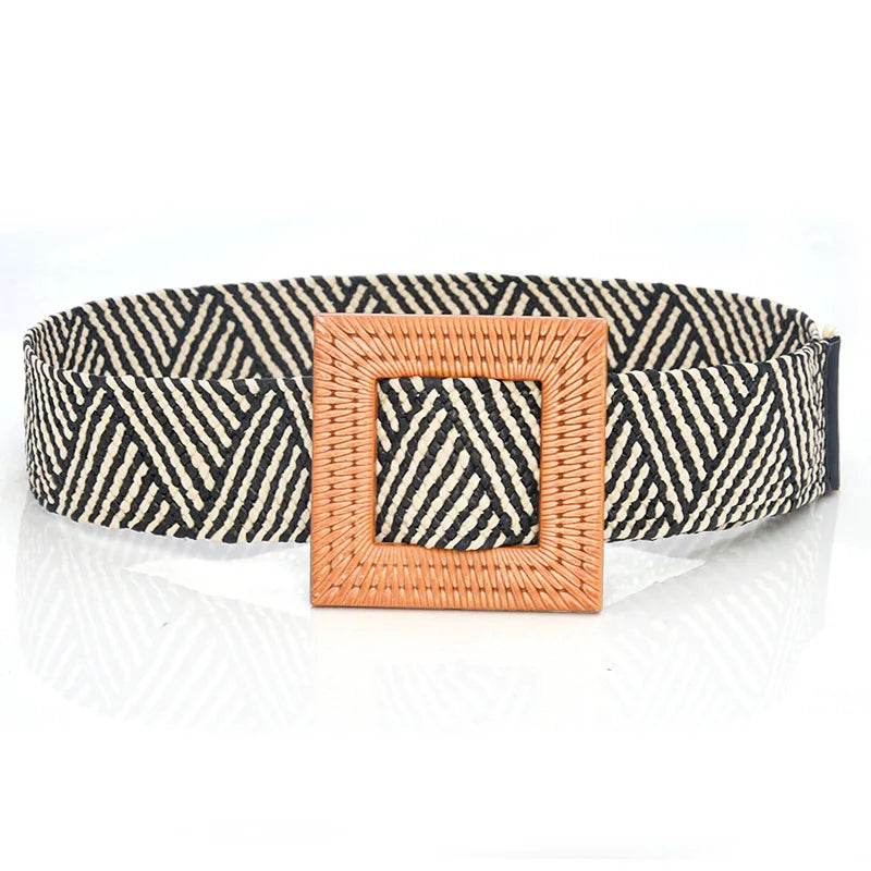 Hot Sale Vintage Boho Braided Waist Belt Summer Female Belt Round Square Leopard Wooden Buckle Fake Straw Wide Belts For Women
