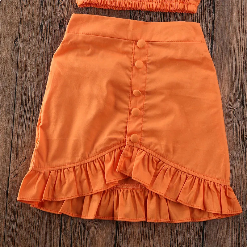 1-5Years Toddler Girls Orange Clothes Set  Off Shoulder Cropped Tops Ruffle Skirt Set For Girls Summer 2pcs Outfits