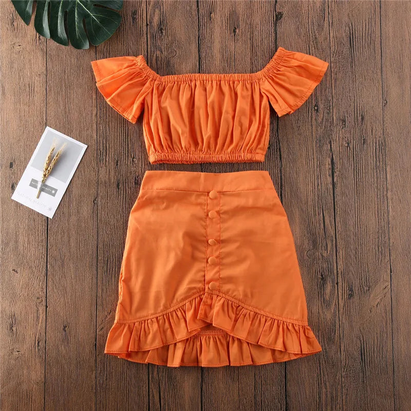 1-5Years Toddler Girls Orange Clothes Set  Off Shoulder Cropped Tops Ruffle Skirt Set For Girls Summer 2pcs Outfits
